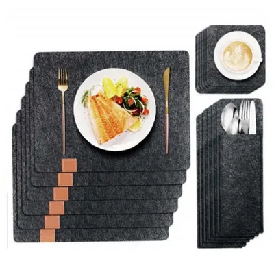 Produktbild von Herzberg HG-04203: 18-teiliges Esstischset aus Naturfilz, Bestecktasche und Untersetzer