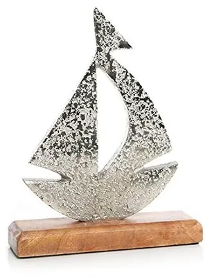 Produktbild von Maritime Dekofigur - Segelschiff aus Metall auf Holzsockel Silber braun 18 cm
