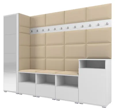 Produktbild von Garderobe NELA XI 250 cm Modulare Flurmöbel Weiß mit Spiegel & Sitzpolster Beige 04 (Großes Set)