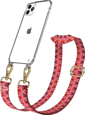 Produktbild von EAZY CASE Handykette - Verstellbarer Trageriemen kompatibel mit Apple iPhone 11 Pro Max, Handykordel mit transparenter Silikon-Hülle, Karabiner Gold, ZickZack Style, Band in Lila