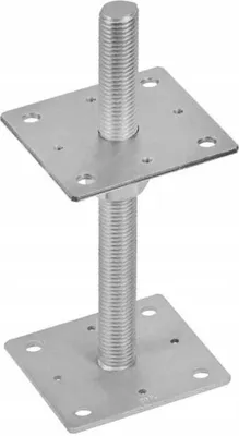 A metal adjustable post base with threaded rods and square plates.
