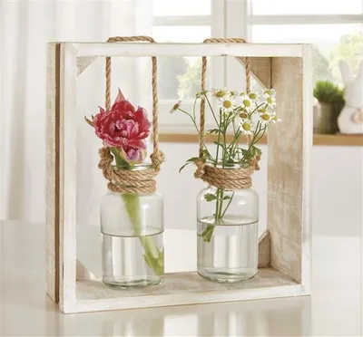 Produktbild von Holzrahmen "Väschen" mit 2 Glasvasen, Vasenhalter aus Holz mit Blumenvase in Flaschenform, Vase, Vasenset