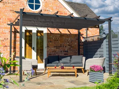 Produktbild von Belladoor Dunkelgrau 4x3 Meter Aluminium Pergola, Vordach Terrassendach, Schiebedach mit Polycarbonat Platten, Freistehende Gartenüberdachung, Modernes Carport