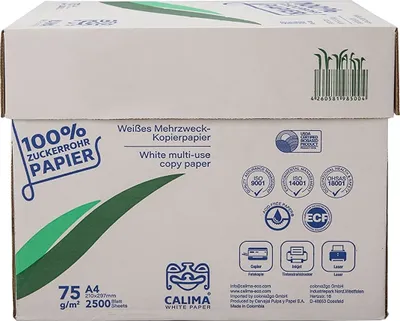 Produktbild von CALIMA Kopierpapier 8045-10A75S Zuckerrohrpapier A4 75g weiß 500 Blatt Packung mit 5 Stück
