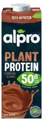 Productafbeelding van Alpro Proteïnedrank, soja drank, 1 liter, cacao, 1 stuk, bevat melksuiker, op basis van soja (water, geschilde sojabonen (12%)), suiker, magere cacaopoeder* (1,6%), calciumcarbonaat,...