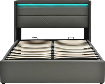 Produktbild von okwish Polstebett 160x200cm Doppelbett mit hydraulischem Stauraum,Bettgestell mit Lattenrost, Bettkasten und LED-Beleuchtung, Grau (ohne Matratze)