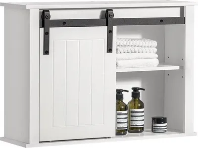 Image de Meuble de salle de bain en MDF - Meuble suspendu - Tiroir - Armoire haute à porte coulissante - Blanc - 68 x 20 x 48 cm