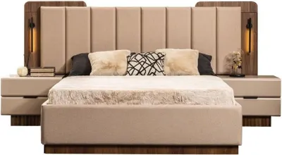 Produktbild von Komplette Schlafzimmer Doppelbett Bett Nachttische Beige Stoff 3tlg