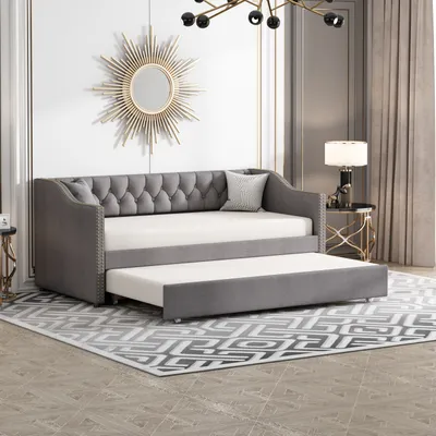 Obrázek produktu pro CDGlobal Čalouněná postel Rozkládací pohovka 90x200 cm Rozkládací pohovka s výsuvným podstavcem a lamelovým roštem Rozkládací pohovka Čalouněná postel Dětské ložní povlečení, šedá barva