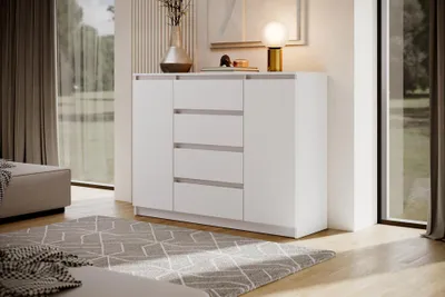 Produktbild von Moderne Kommode LINDA 2D4S - Sideboard 120 cm mit 2 Türen & 4 Schubladen & Grifflosen Fronten (Weiß)