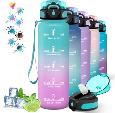 Produktbild von Trinkflasche mit Strohhalm und Zeitskala, 1 Liter, grün-rosa, für Camping