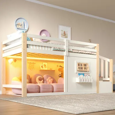 Produktbild von STILVORA Hochbett 90x200 cm mit Fenster und LED-Lichtleiste, Kinderbett mit Aufbewahrungsleiter, Jugendbett aus Kiefernholz