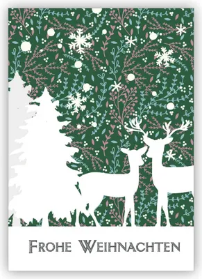 Produktbild von 4x Romantische Weihnachtskarte mit Rehen und Wald in grün: Frohe Weihnachten