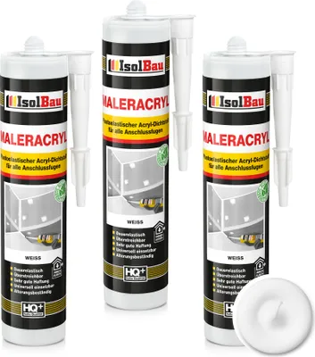 Produktbild von Isolbau Maleracryl 3 x 300 ml Weiß - Plastoelastischer Acryl-Dichtstoff zum Abdichten von Fugen im Innen- & Außenbereich - Kartusche
