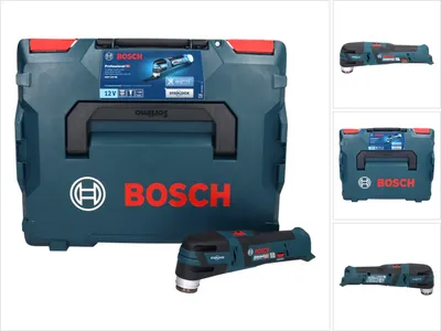 A collage of images showing a Bosch cordless multi-cutter and its case.