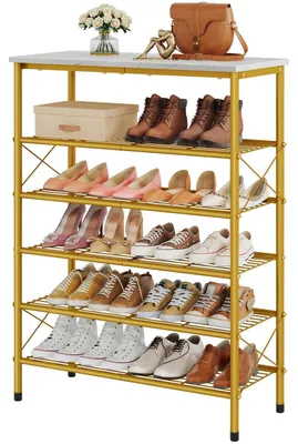Image de Étagère à chaussures, 6 niveaux, blanche et dorée, pour 20-24 paires, en métal et bois