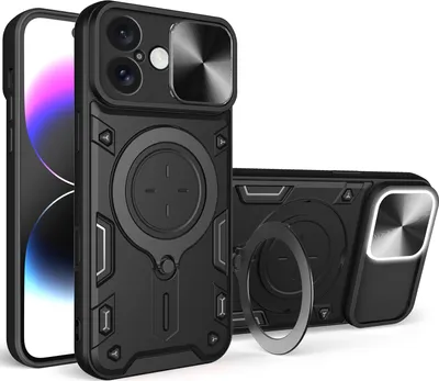 Obrázek produktu pro Pouzdro pro iPhone 16 dvojvrstvé odolné pouzdro s ochranným krytem kamery a kruhovým stojánkem na prsten Černý