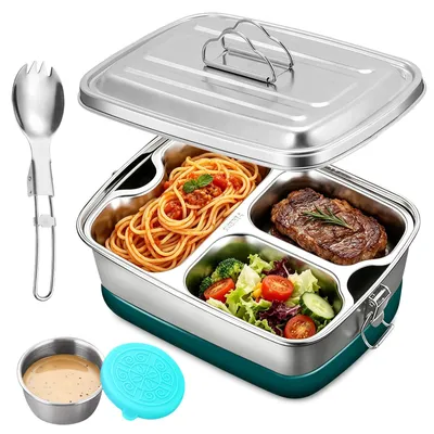 Edelstahl-Lunchbox 2000 ml, 3 Fächer, auslaufsicher, Bento-Box