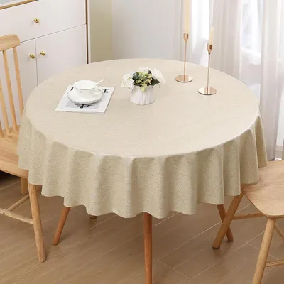 Productafbeelding van Linnenlook tafelkleed, rond, 140 cm, crème kleur, waterafstotend, vlekbescherming