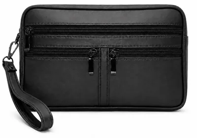Produktbild von Handgelenktasche Echtleder Schwarz Herren Handtasche Rindsleder Damen Tasche mit Handschlaufe Gürteltasche Bauchtasche Hüfttasche Leder Organizer 4 Reißverschlussfächer