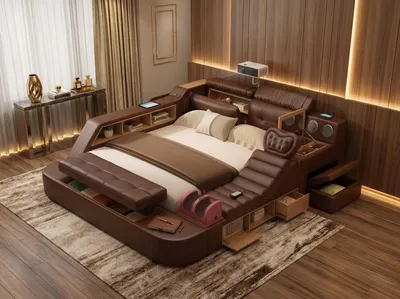 Produktbild von Premium Designerbett Schwarz mit Beamer Ablagen und moderner Ausstattung