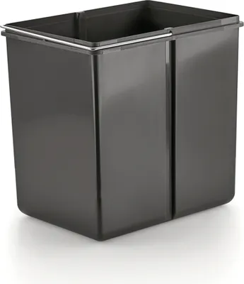 A dark gray, rectangular trash can with a metal rim on top, shown from a slightly elevated front-left angle on a white background.