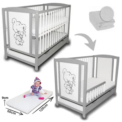 Produktbild von Babybett Gitterbett Teddybär 2in1 Grau mit Zusätzliche Barriere + Schublade + Bettlaken + Matratze Schaumstoffmatratze 120x60x9cm
