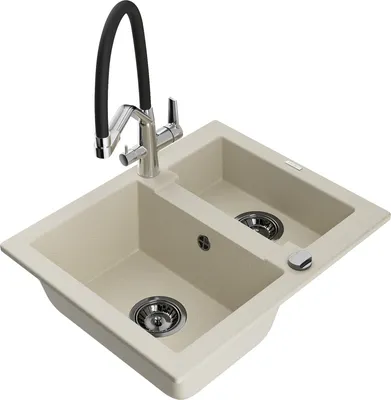 Produktbild von Mexen Carlos 1,5-Becken-Granitspüle mit Mischbatterie Duo, Beige - 6518-69-671701-07-B