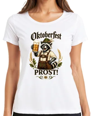Productafbeelding van , PROST, wasbeerprint, lederen broek, bierkan, dirndl, Wiesn, dames T-shirt, wit, maat S
