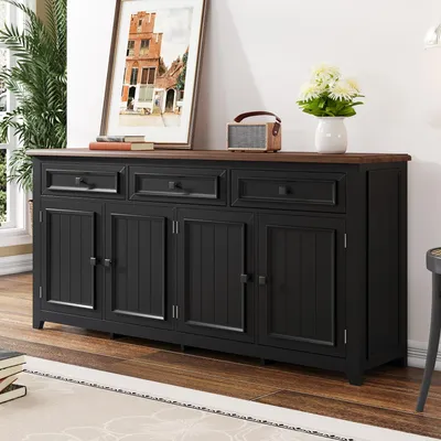 Image de Merax Buffet moderne avec 3 tiroirs et 4 portes, commode en MDF et pin, espace de rangement Buffet pour le salon et la salle à manger, noir