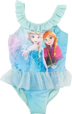 Produktbild von Disney Die Eiskönigin Badeanzug mit Rüschen für Mädchen - Elsa & Anna Frozen Kinder Schwimmanzug Blau 122-128
