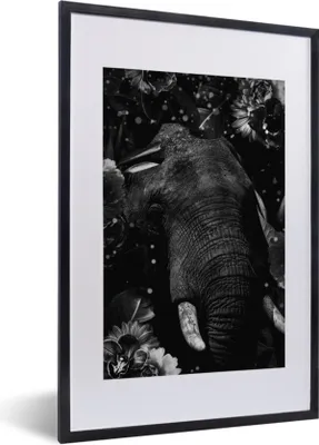 Produktbild von MuchoWow® Gerahmtes Poster Botanischer Elefant mit hellen Kugeln auf abgedunkeltem Hintergrund - schwarz und weiß 40x60 cm - Poster mit Schwarzem Bilderrahmen Wandposter Rahmen Foto Bilder - Poster in Rahmen