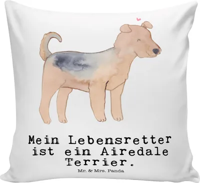 Produktbild von Mr. & Mrs. Panda Sofa Kissen Airedale Terrier Lebensretter - Weiß - Geschenk, Zierkissen, Dekokissen, 40x40, bedruckt, Couchkissen, Sofakissen