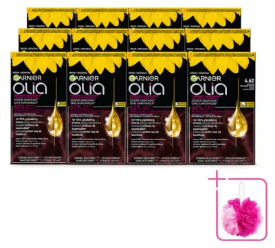Immagine prodotto di 12 confezioni di colorante permanente per capelli Garnier Olia 4.62, tonalità rosso granato scuro, senza ammoniaca, confezione risparmio, 12 pezzi