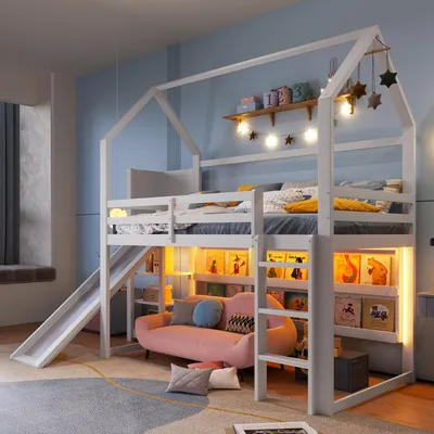 Image de Merax Lit superposé 90x200 cm, avec toboggan, LED, espace de rangement, cadre de maison, pin, lit d'enfant, lit superposé, lit en bois massif, lit de jeune, blanc