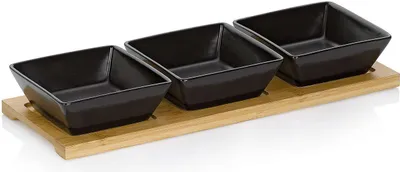 Produktbild von kela Dippschale Porzellan schwarz 4-teilig Philipa Schalen-Set mit Bambusplatte 12262