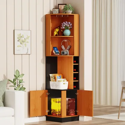 Imagen del producto de Armario para vinos de esquina, 40x40x182 cm, con estante para copas de vino y compartimentos para botellas, fabricado en MDF, ideal para cocina, comedor y salón