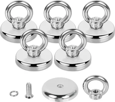 Produktbild von Fanganker - 5 starke Magnete 32mm mit 45kg Zugkraft - Neodymium Fanganker Magnet mit Auge Geeignet für Fangen in Flüssen Rettung usw.