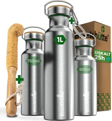 Produktbild von Blockhütte Edelstahl Trinkflasche 1l Isoliert, Thermoskanne 1 Liter Auslaufsicher BPA-frei, 25h Kalt 13h Heiß, Kohlensäure Geeignet Spülmaschinenfest,
