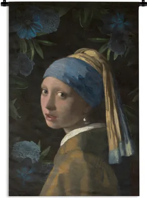 Produktbild von MuchoWow® Wandteppich Wandbehang Das Mädchen mit dem Perlenohrring - Johannes Vermeer - Blumen 120x180 cm Tapisserie Dekoration Wandtuch - Schlafzimmer - Dekorationen für das Haus