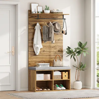 Image de MODFU Vestiaire d’entrée - Avec Banc Confortable, Étagère Réglable Et Crochets, Meuble D’entrée Pratique Pour Couloir, Panneau De Particules, Naturel