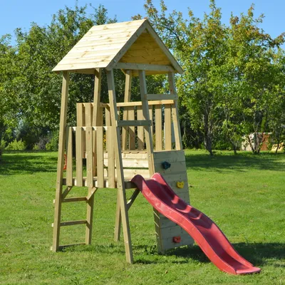 Zdjęcie produktu dla Wendi Toys domek dla dzieci, wieża wspinaczkowa "Hase" ze zjeżdżalnią i ścianką wspinaczkową drewno / czerwony