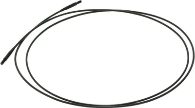 A black knitting needle cable is laid out in a loop on a white background.