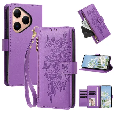 Produktbild von Handyhülle für Huawei Pura 80, Wallet Case Kunstleder mit Kartenfächern, Reißverschluss und Handschlaufe Lila