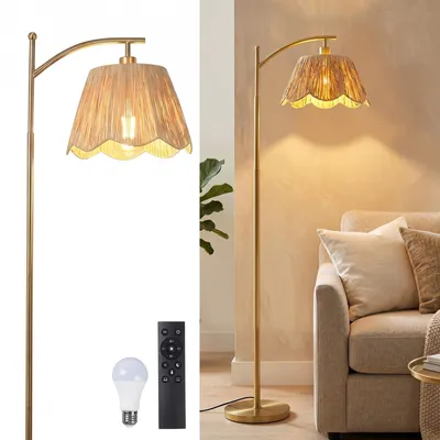 Produktbild von Stehlampe Boho Raffia Lampenschirm Stehleuchte mit 3000K-6500K Dimmbar Glühbirne und Fernbedienung Fußschalter für Wohnzimmer Schlafzimmer Büros