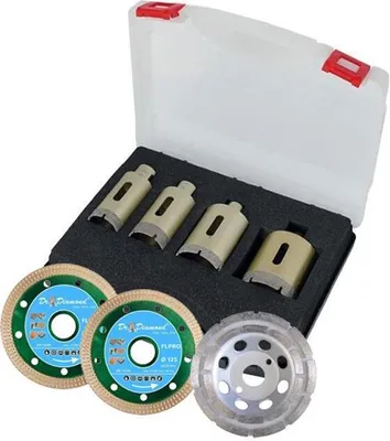 Produktbild von Diamant Fliesenbohrer Set M14 für Winkelschleifer mit Bohrkronen Ø 35-68mm, Trennscheiben Ø 125mm, Schleiftopf