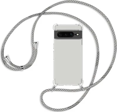 Produktbild von Handykette Backcover-Schutzhülle mit Band (Metall silberfarben) für Google Pixel 7 Pro - weiß/grau kariert