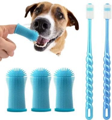 Produktbild von 5 Stück Hundezahnbürste, Hundezahnbürste Fingerling Wiederverwendbar, 360º Pets Zähne Reinigung Silikon Zahnbürste für Hunde Katzen Zahnpflege, hundezahnbürste für kleine große hunde (Blau)