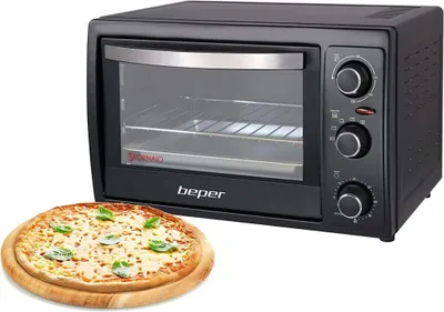 A black electric oven with a pizza in front of it.