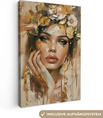 Obrázok produktu pre MuchoWow® - Plátno - Žena - Kvety - Zlatá - Portrét, obraz na stenu, nástenné dekorácie obrazy obývacia izba, 20x30cm